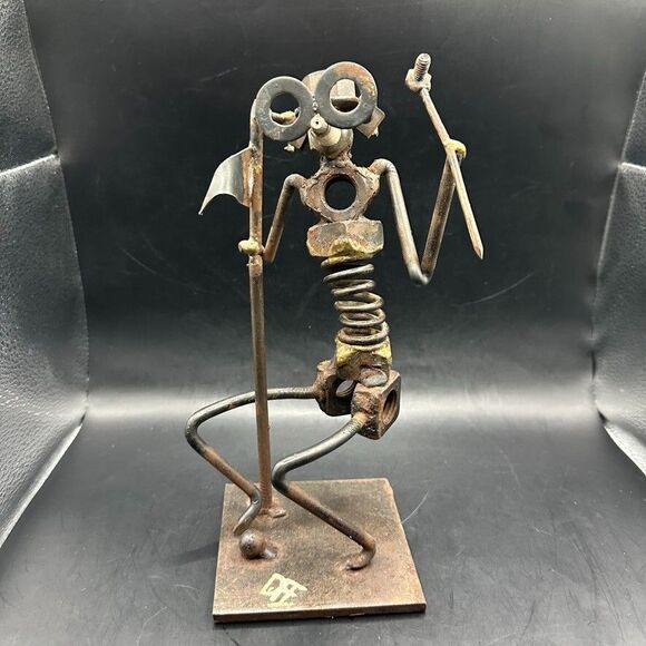 Vintage Metal Golfer Nuts Bolts Figure Flag Welded Art Unique Signed DFF Patina - Picture 12 of 16